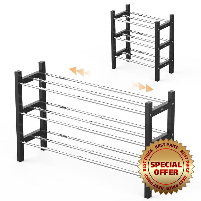 NUDUKO Expandable Shoe Rack Storage Organizer - Adjustable 3 Tier Small Shoe Rack Heavy Duty Free Wood and Metal Standing Shoe Shelf for Closet Bedroom Entryway (Black)