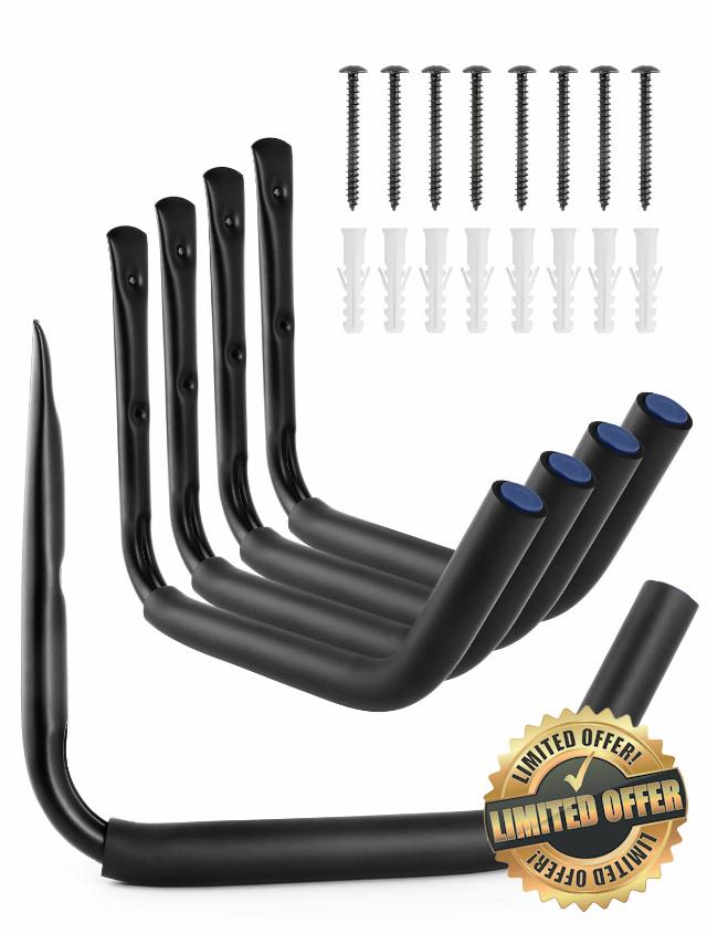 ZONRUNZ 15-Inch Heavy Duty Garage Storage Hooks (4-Pack) - Wall Mounted Kayak Storage Hanger Rack for Ladders