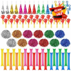 Jenaai 96 Pcs Cheering Noise Makers Party Favors Include 24 Thunder Sticks 24 Hand Clappers 24 Cheerleading Poms 12 Fringed Blowouts Whistles 12 Colorful Plastic Whistle for Dance Football Favors