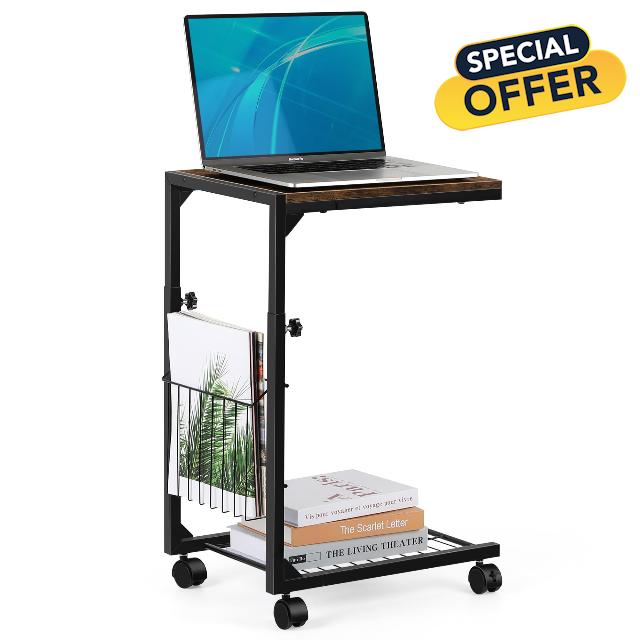 SHINOSKE Adjustable C Table - C Shaped Side Table with Wheels for Living Room and Bedroom