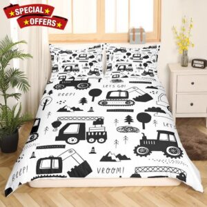 Construction Bedding Duvet Cover Set Full Size Equipment Trucks Bedding Set for Kids Boys Girls Decor Cartoon Car Excavator Tractor Comforter Cover Set Black White Bedspread Cover Bedroom Bedclothes