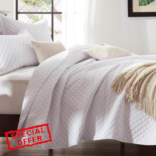 SunStyle Home Quilt Set Full Queen Size White 3 Pieces - Soft Lightweight Diamond Pattern Bedspread Coverlet Set for All Season(1 Quilt
