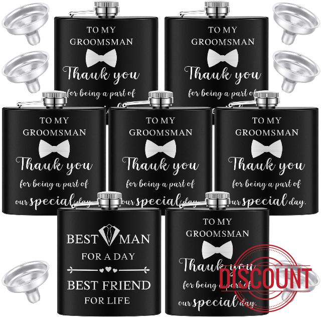 Lallisa 7 Pcs Groomsmen Gifts for Wedding 6oz Stainless Steel Flask with Funnel Hip Flask Groomsmen Gifts Black Flask Set Groomsmen Proposal Gifts for Men Groomsmen Bridal Women Wedding Party Supplies
