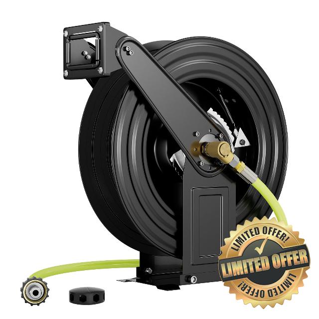 POHIR Automatic Pressure Washer Hose Reel for Air/Oil/Water 4000 PSI Heavy Duty Retractable Hose Reel Suitable for 100FT 3/8" and 1/4" Hose(not included hose)