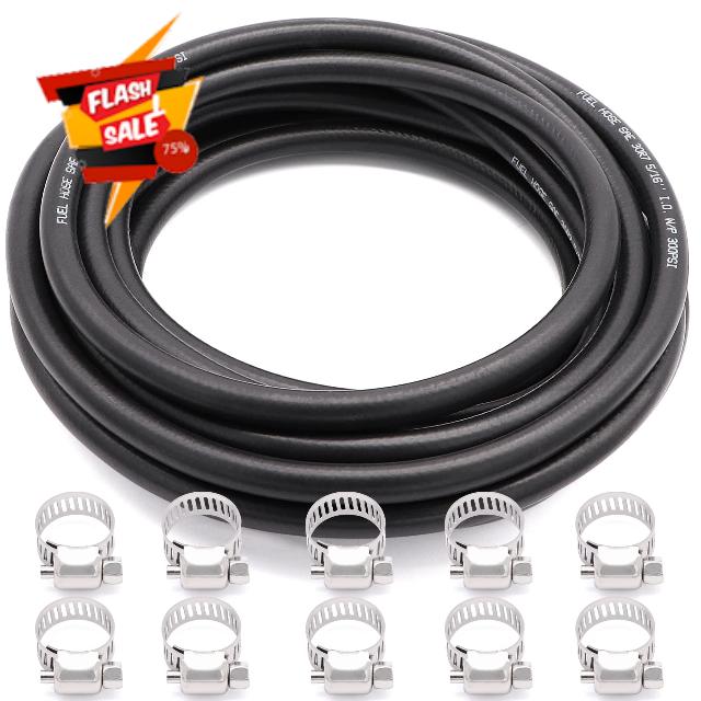 Fuzbaxy 5/16"High Temperature Silicone Vacuum Tubing 300PSI Fuel Hose SAE 30R7 with 10pcs Fuel Hose Clamps 25FT Black (8mm ID)