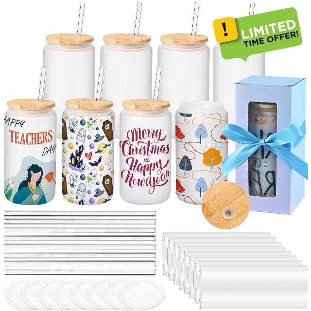 MAFYE Sublimation Glass Blanks with Bamboo Lid - 16oz Clear Sublimation Beer Can Glass - Sublimation Glass Tumblers for Iced Coffee Juice Soda Drinks (8 PACK) (Frosted)