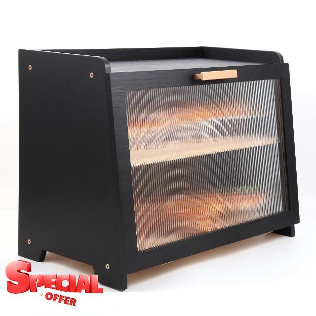 JMGnxt Double Layer Bamboo Corner Bread Box For Kitchen Countertop Wood Bread Boxes For Kitchen Counter With Window Bread Storage(Black)