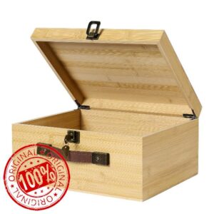 ANMINY Large Bamboo Wood Storage Box with Lock Keys Hinged Lid PU Leather Handles Lidded Natural Wooden Storage Bins Basket Protable Retro Vintage Suitcase Decorative Keepsake Stash Chest Box Case