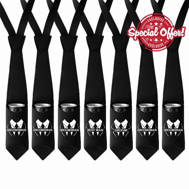 PartyGifts&beyond 7 Pack Portable Hands-Free Funny Best Man Groom Groomsmen Bachelor Party Favors Necktie Beer Bottle Can Drink Cooler Holder Sleeve Proposal Gifts Box Ideas Set of 7 for Wedding