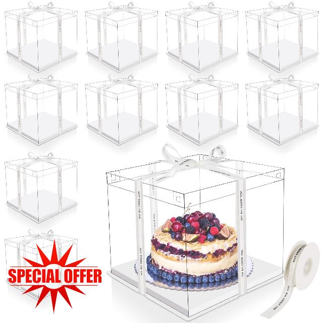 Maxdot 10 Pcs Transparent Tall Cake Boxes 12" x 12" x 10" Large Clear Cake Box with Ribbon Cake Carrier PET Wedding Cake Storage Container Clear Gift Boxes for Party Birthday Dessert Display White