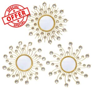 wotieuns Mirror Wall Decor Wall Mirrors Decorative Sunburst Boho Mirror Gold Mirror Wall Art Metal Decor Mirror Hanging Living Room Bedroom Bathroom Set of 3