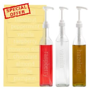 Darware Coffee Syrup Pump Bottles (Set of 3); Empty Glass Pump Dispensers w/Labels for Coffee Bar