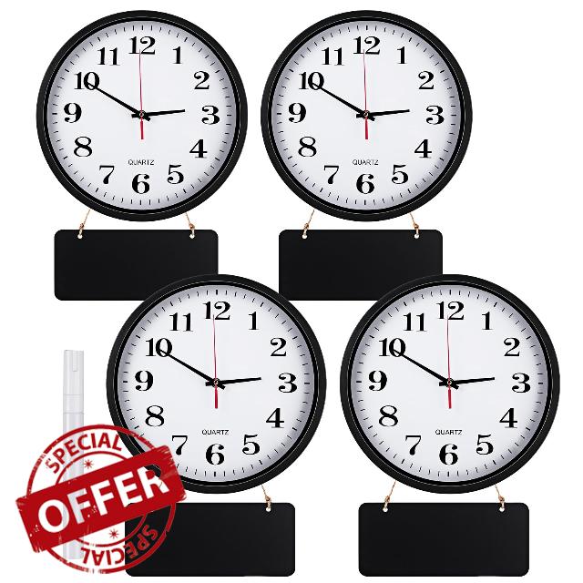Inbagi 4 Pieces Wall Clocks Set Include Quartz Wall Clock Battery Operated Round Clock with 4 Pieces Hanging Chalkboard and White Marker Pen for School Office Home Room Kitchen (Black