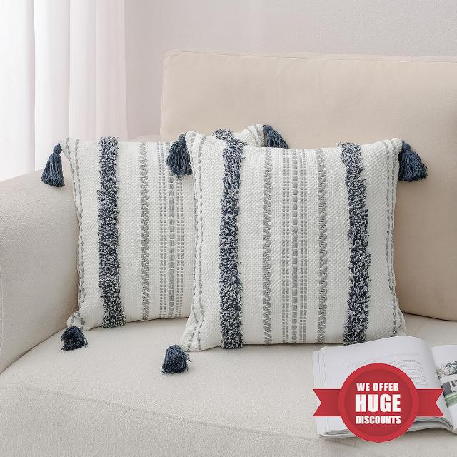 Zufudo Throw Pillow Covers with Tassels Set of 2 Cotton Boho Tufted Modern Farmhouse Decorative Pillows Cover for Couch