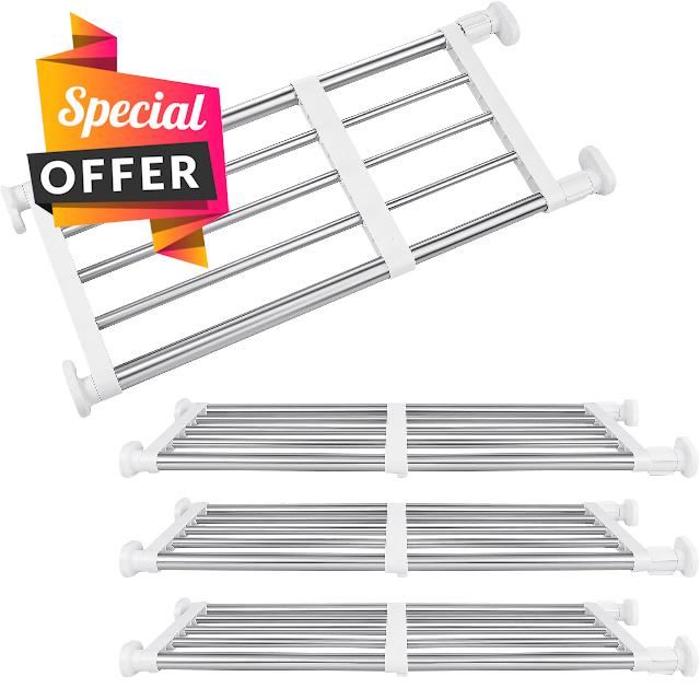 Geetery 4 Pcs Closet Tension Shelf Rod Metal Expandable Shelf Organizer Adjustable Closet Shelves Closet Shelf Rack DIY Closet Dividers Separators for Cabinet Storage Locker Clothes