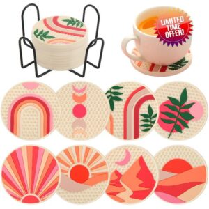 Dandat 8 Pcs Silicone Boho Car Coasters Cute Car Cup Holder Absorbent Car Accessories Fun Drink Coaster Car Decoration Gifts for Women
