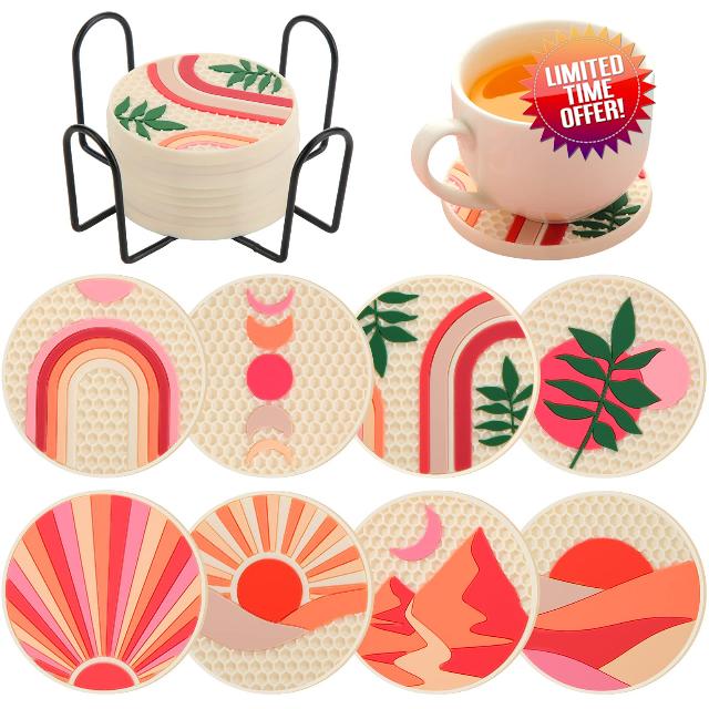 Dandat 8 Pcs Silicone Boho Car Coasters Cute Car Cup Holder Absorbent Car Accessories Fun Drink Coaster Car Decoration Gifts for Women