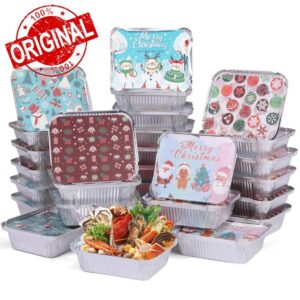 sengcou 50 Pack Aluminum Pans with Christmas Lids Aluminum Food Containers Storage for Baking Roasting Meal Prep Christmas Party Holidays BBQ