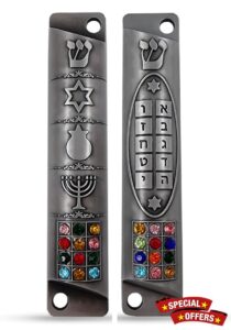 Set of 2 Pewter Mezuzah Case with Scroll for Door Jewish Symbols Star of David Menorah Ten Commandments 12 Tribes of Israel Mezuzah Set Judaica Gift 10 cm / 4 inch