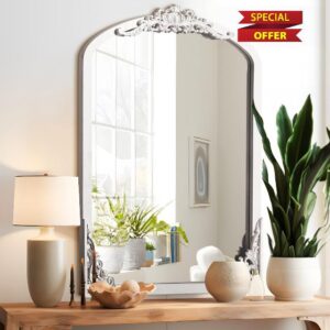 NeuType Arched Wall Mirror Vintage Carved Mirror Farmhouse Rustic Mirror Solid Wood Frame Wall-Mounted Mirror for Home Decor Bathroom Living Rooms