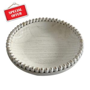 Musanpou Handcrafted 10.8 Inch Farmhouse Wooden Bowl with Beaded Wood Decor and White Decorative Tray for Home Decor