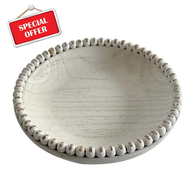 Musanpou Handcrafted 10.8 Inch Farmhouse Wooden Bowl with Beaded Wood Decor and White Decorative Tray for Home Decor