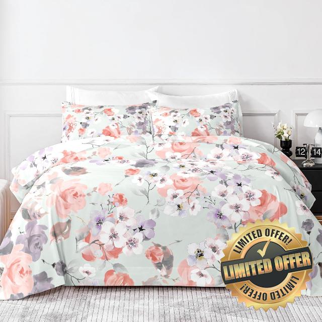 HCORA King Size Sheets - Floral Print - Luxury 90GSM Brushed Microfiber Bed Sheets - Breathable Cooling Sheets for King Size Bed - 16" Deep Pocket