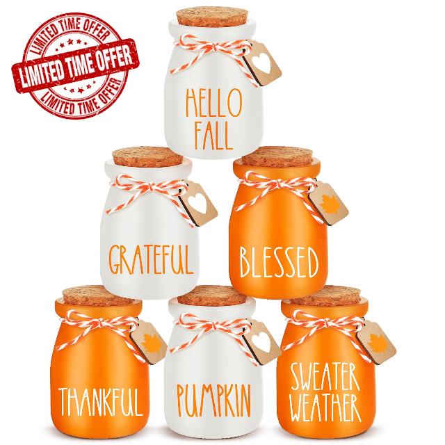 Umigy 6 Set Fall Mini Mason Jars Fall Tiered Tray Decor Leaf Small Glass Jars with Lids Wood Tags and String Mason Jars for Centerpieces Kitchen Table Party Supplies