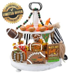Mumufy 15 Pcs Fall Tiered Tray Decoration Set Fall Football Decoration Autumn Farmhouse Rustic Wooden Signs for Home Decor Football Gnome Bead Garland for Thanksgiving