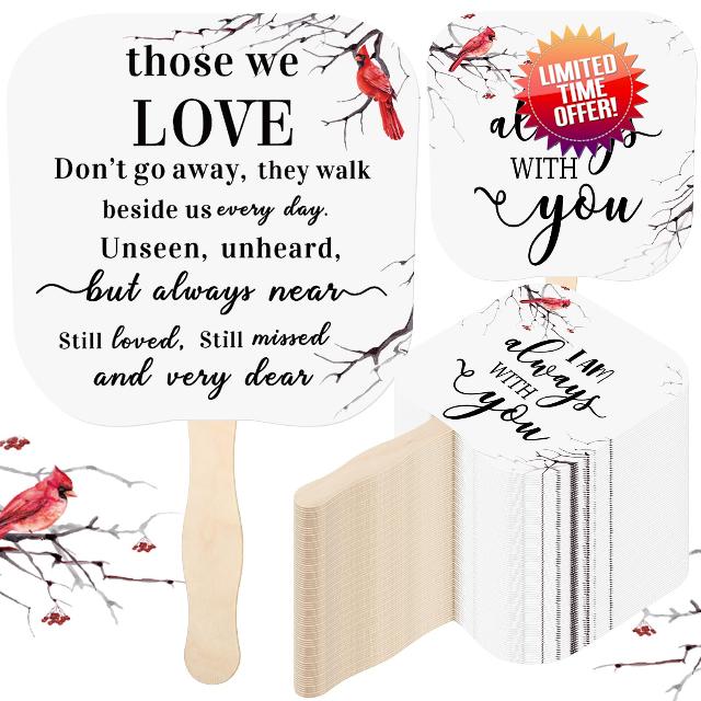 Tradder 100 Pcs Funeral Favors Fans Memorial Paper Fans Hand Held Memorial Bereavement Gifts of I Am Always with You Wooden Handle Hand for Funeral Services Women Condolence Sympathy Gifts