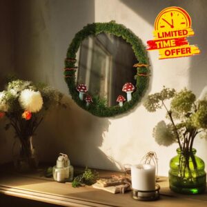 EVOLUX Wall Mirror Mushroom Decor Handmade Moss Round Hanging Mirror Cottage Core Wall Decor Room Decor Aesthetic(11")