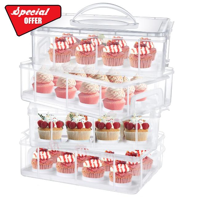 Geetery Cupcake Containers Cupcake Carriers for 48 Cupcakes or 4 Large Cakes 4 Tier Cupcake Holder with Lid Plastic Cupcake Storage Containers Cupcake Box Stackable Trays for Cookie Muffin