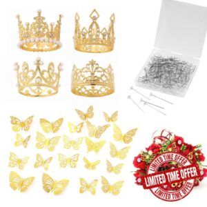 WATHFKCU 152Pcs Flower Bouquet Accessories 3D Gold Butterfly Decor Mini Tiara Crown Bouquet Corsages Pins Pearl&nbsp;Pins Flower Bouquet Accessories for Birthday Wedding&nbsp;Party Decoration