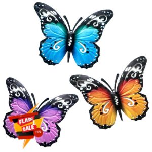 SUNNEKO 3Pieces Metal Butterfly Garden Ornaments Outdoor Large Outside Wall Arts Decorations for Garden Fences Yard Sheds Hanging