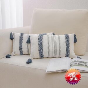 Zufudo Throw Pillow Covers with Tassels Set of 2 Cotton Boho Tufted Modern Farmhouse Decorative Lumbar Pillow Covers for Couch