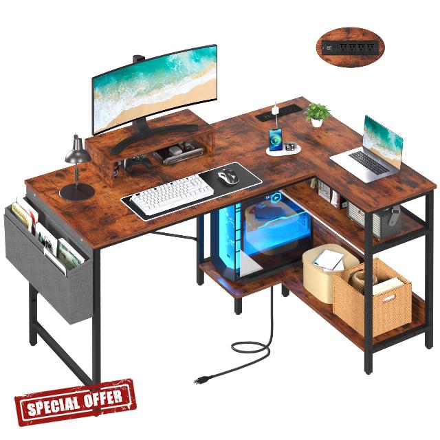 Yoobure L Shaped Desk with Storage Shelves 47 Inch Computer Desk with Outlets & USB Ports Home Office Desk with Monitor Stand Corner Desk for Small Space Study Table Small Desk L Desk with Storage Bag