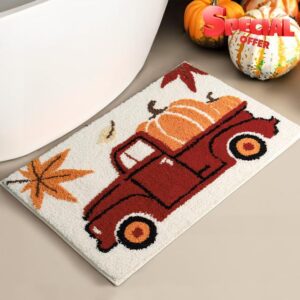 FOFARY Fall Bathroom Rug Orange Bath Mats Non Slip Funny Bathroom Decor Truck Pumpkin Autumn Maple Leaves Washable Bath Mats for Bathroom Entryway Shower 20"x32"