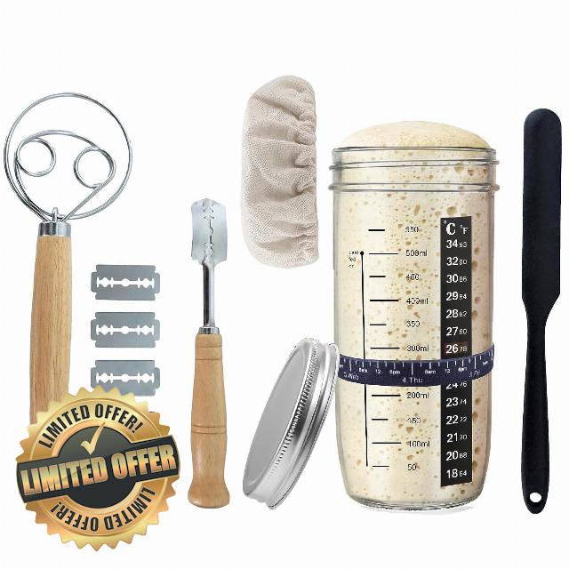 Sensory4u Complete Sourdough Kit With Tools Bread Lame Sour Dough Scraper And Covers And Glass SourDough Starter Jar - Bread Baking Supplies Everything You Need To Get Started Baking And Making Bread
