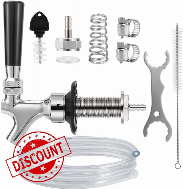 Hilangsan Draft Beer Line Shank Faucet Kit 3” Beer Shank Self-Closing Beer Tap Kegerator Parts Wrench 6ft I.D. 3/16” Beer Tubing 1/4”Keg Coupler Barb Cleaning Brush