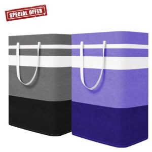 Kewjug 2-Pack Large Laundry Hamper Laundry Basket，Freestanding Waterproof Collapsible Laundry Baskets for Clothes Organizer in Laundry Room Bedroom Bathroom 80L (Black&Purple)