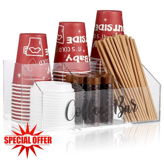 Tioncy Acrylic Coffee Station Organizer Coffee Bar Organizer 5 Compartment Coffee Organizer Coffee Condiment Organizer Coffee Pods Holder Storage Basket for Tea Bag Sugar Countertop Office Home