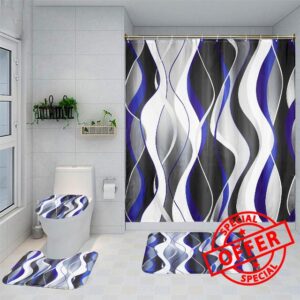 Bathroom Set with Shower Curtain and Rugs Non-Slip Bath Mat Toilet Lid Cover 12 Hooks Blue Wave 4-Piece Decor Accessories