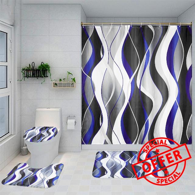 Bathroom Set with Shower Curtain and Rugs Non-Slip Bath Mat Toilet Lid Cover 12 Hooks Blue Wave 4-Piece Decor Accessories