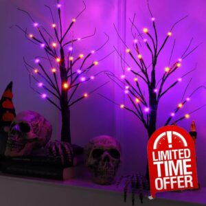 2 Pack 24 Inch Orange & Purple Lighted Halloween Birches Tree Decor with Timer Total 48 LED Battery Operated Tabletop Artificial Black Spooky Tree Halloween Decorations for Indoor Home Holiday Party
