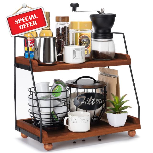 Youngcafe 2 Tier Coffee Station Organizer With Drawer Coffee Bar Organizer