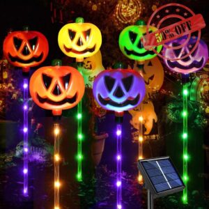 Upgraded 6-Pack Solar Halloween Pumpkin Garden Stake Lights for Halloween Decorations
