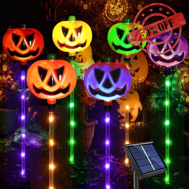 Upgraded 6-Pack Solar Halloween Pumpkin Garden Stake Lights for Halloween Decorations
