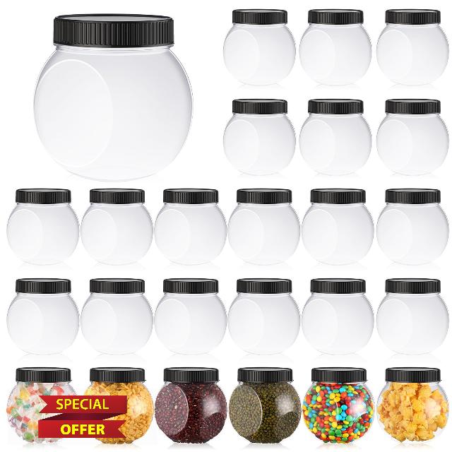 Tradder 24 Pack Plastic Candy Jars with Lids 19 oz Clear Cookie Jar Container Wide Mouth Candy Storage Jars for Candy Cookie Coffee Bean Nut Spices Canister Party Sweet Candy Gift Wrap Table