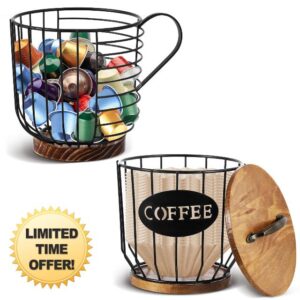 Dandat 2 Pcs Coffee Pod Holder with Wooden Base Rustic Coffee Filter Holder Storage Coffee Filter Storage Container Basket with Lid Coffee Bar Accessories Coffee Bar Organizer for Countertop Kitchen