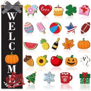 Sintuff Welcome Sign for Front Door Interchangeable Porch Sign Home Farmhouse Welcome Door Sign Seasonal Holiday Rustic Outdoor Welcome Sign Decorative Wooden Welcome Sign for Decor (Black)